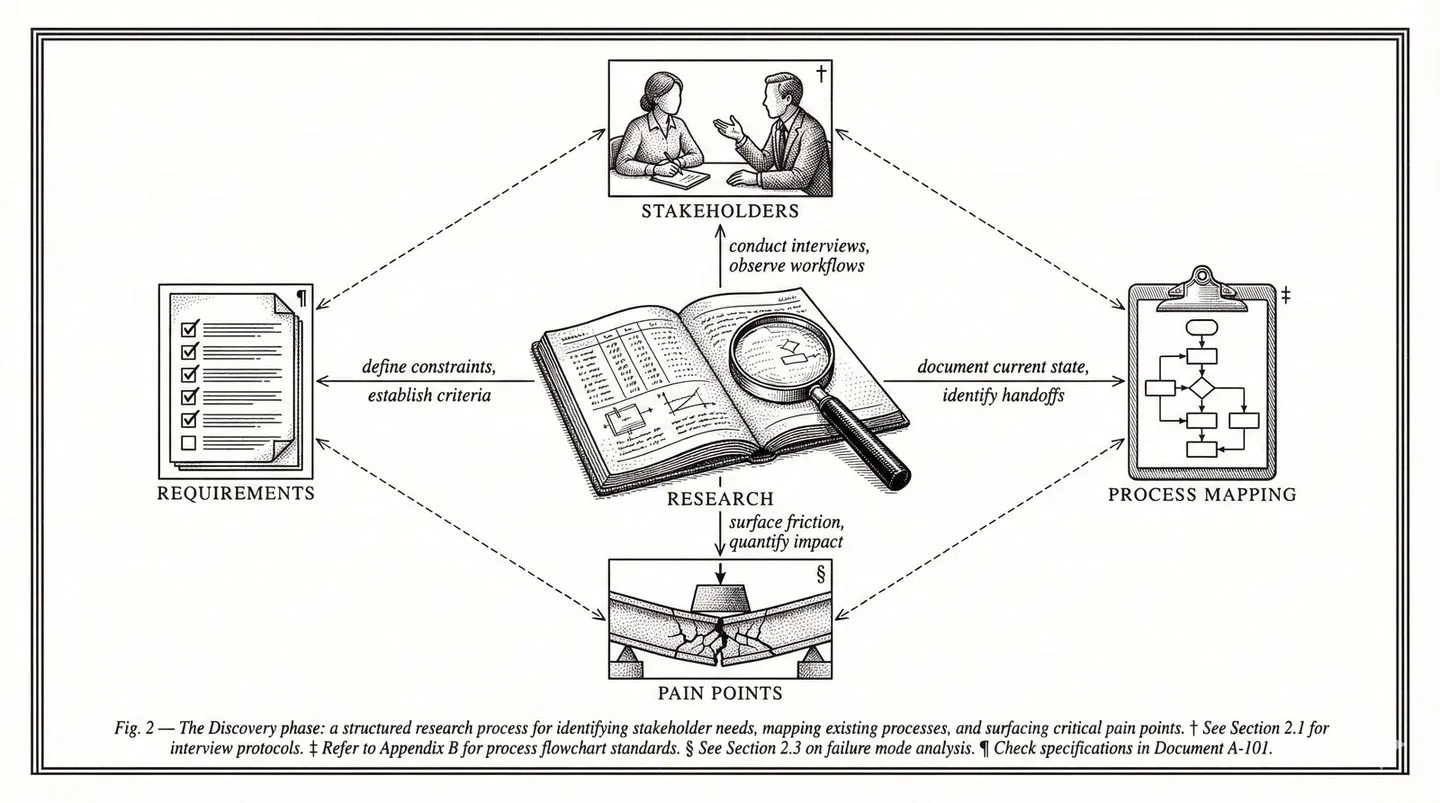 Discover — research mind map with stakeholders, workflows, pain points