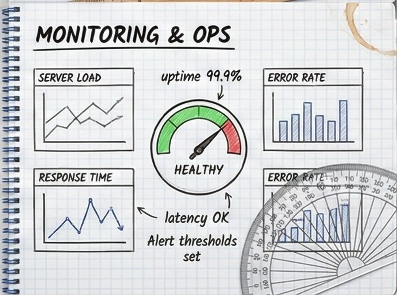 Monitoring and Ops — scientific sketch of dashboards and metrics