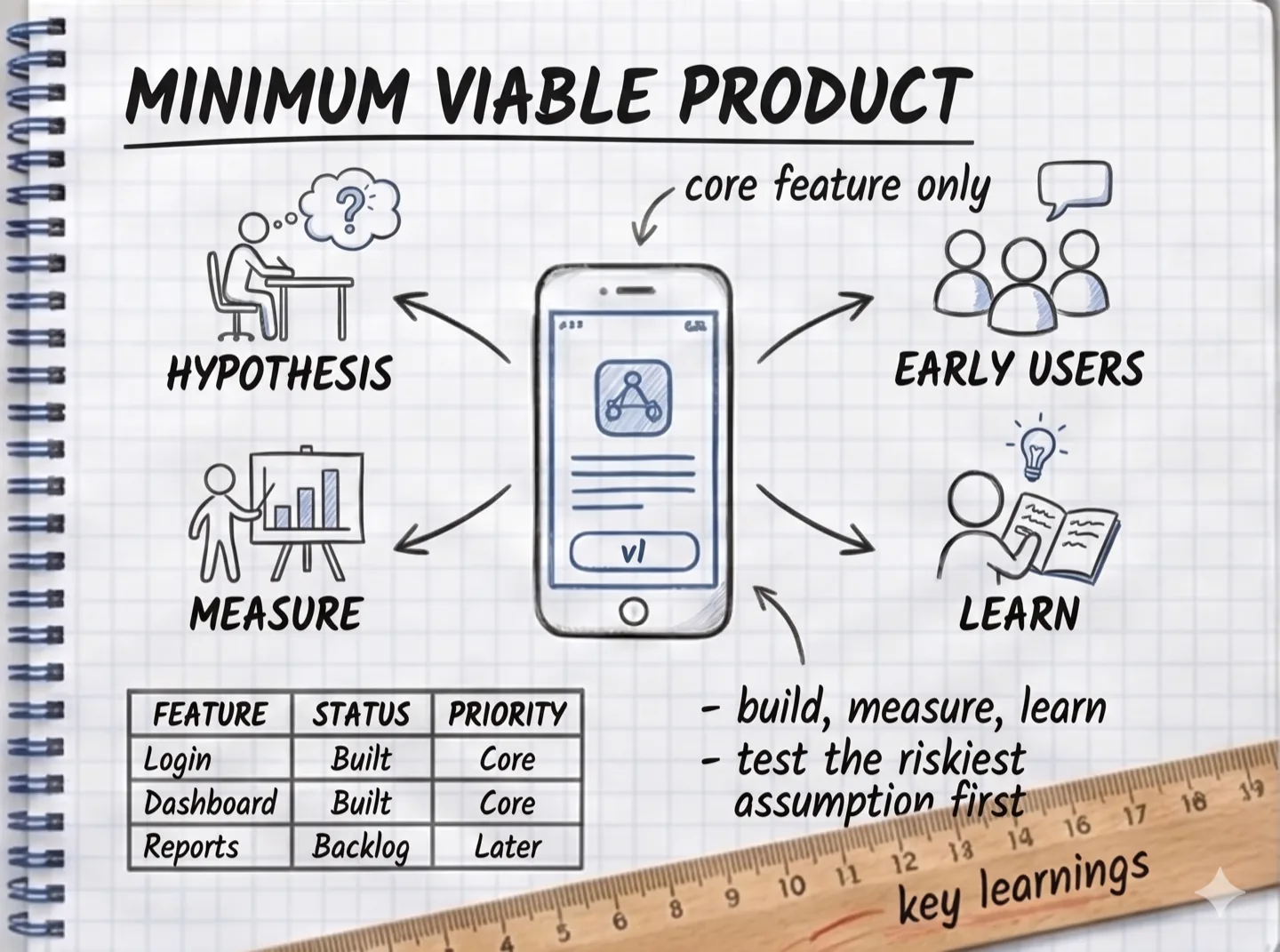 Minimum Viable Product methodology &mdash; build-measure-learn loop with hypothesis, early users, measure, and learn
