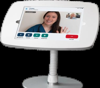 The NeverAlone bedside device mid-call with a licensed provider