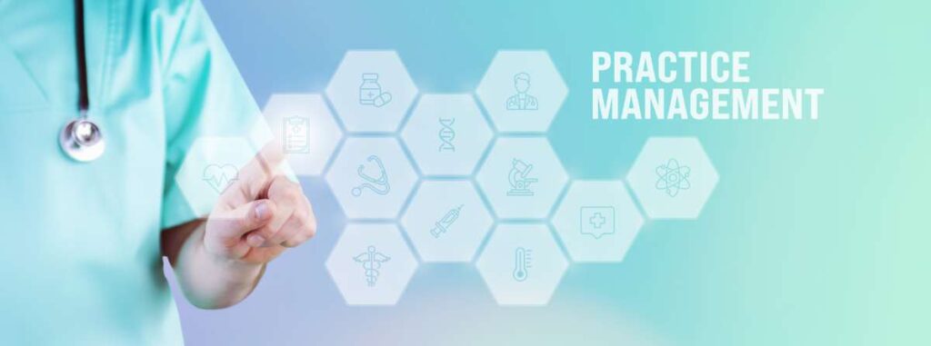 Doctor pointing a finger at digital practice management solutions