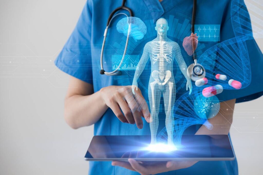Concept of EHR shown by doctor using a tablet with holograms of medical related images shown coming off screen
